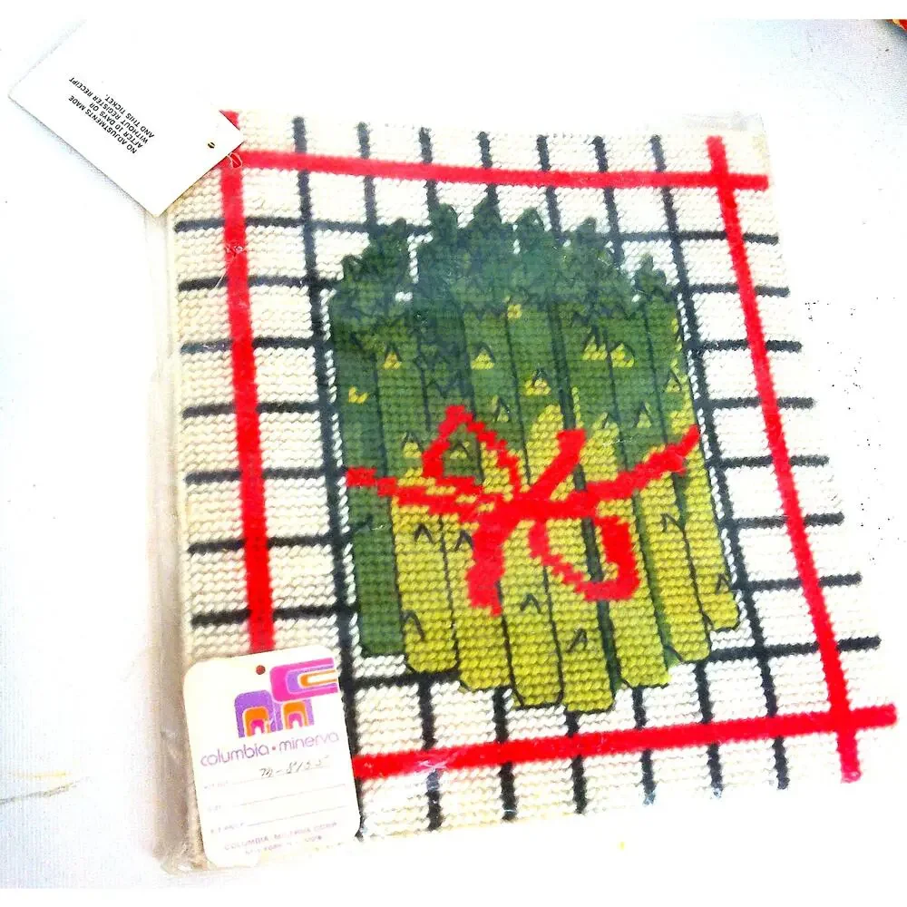 Vintage 1970s Columbia Minerva Asparagus Veggie Needlepoint Kitchen Wall Art